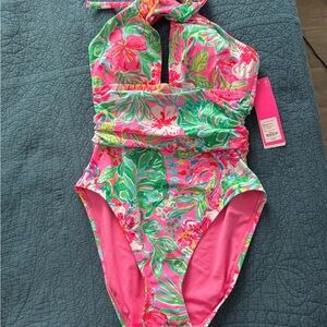 Lilly Pulitzer Pink and Green Floral One Piece Swimsuit